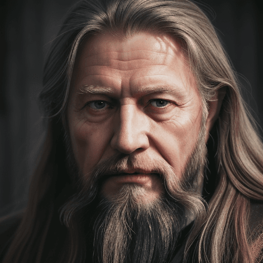 AI generated: A close up picture of a s very old man with long hair and a beard, by Johannes Sveinsson Kjarval, dy...