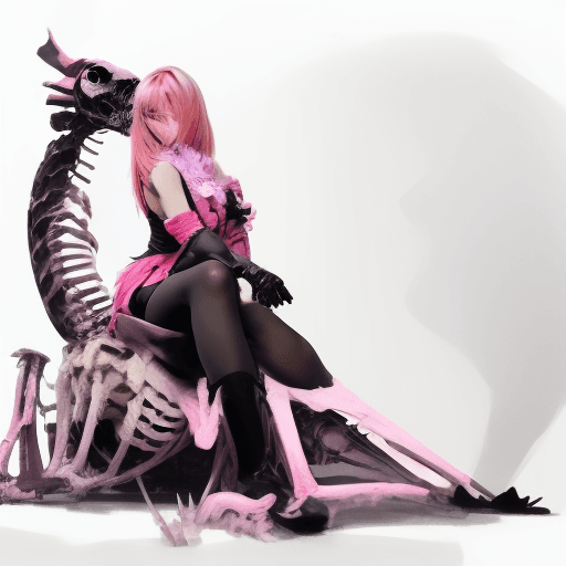 AI generated: A pink-haired girl in black stockings sits on the skeleton of an animal, in the anime style, with a ...