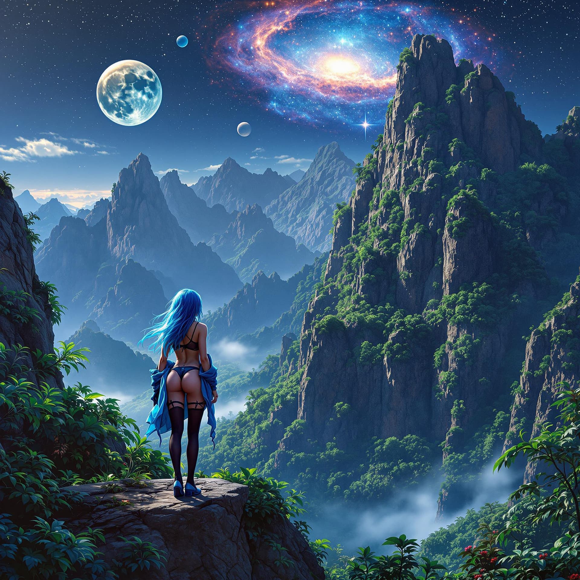 AI generated: a woman with blue hair and tattoos wearing lingerie and stockings and stockings on her body, with a ...