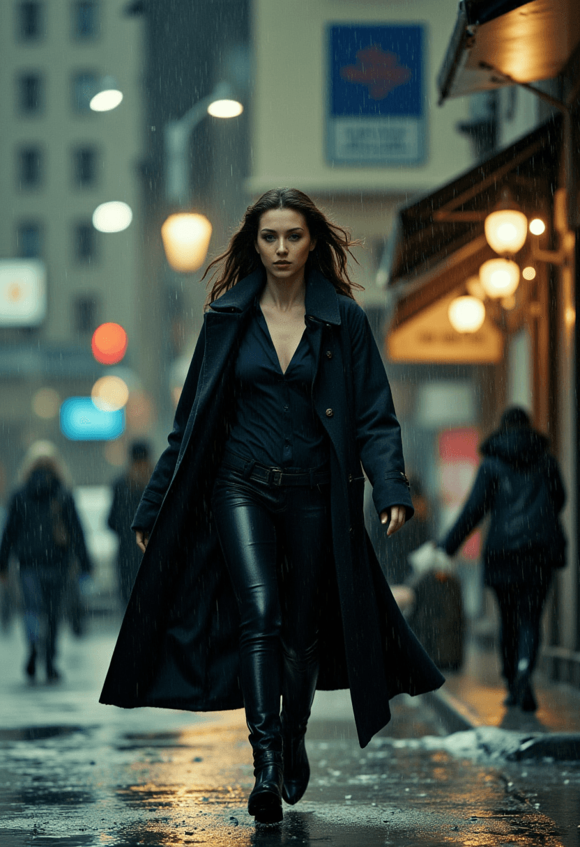 AI generated: Rushing down a city street on what appears to be a stormy day, a woman strides confidently with a de...