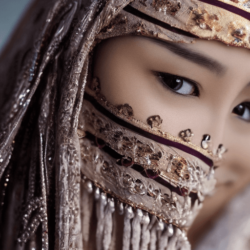 AI generated: A Asian womenl wraps the Arab shemagh around her head, small eyes,
Miki Asai Macro photography, 
clo...