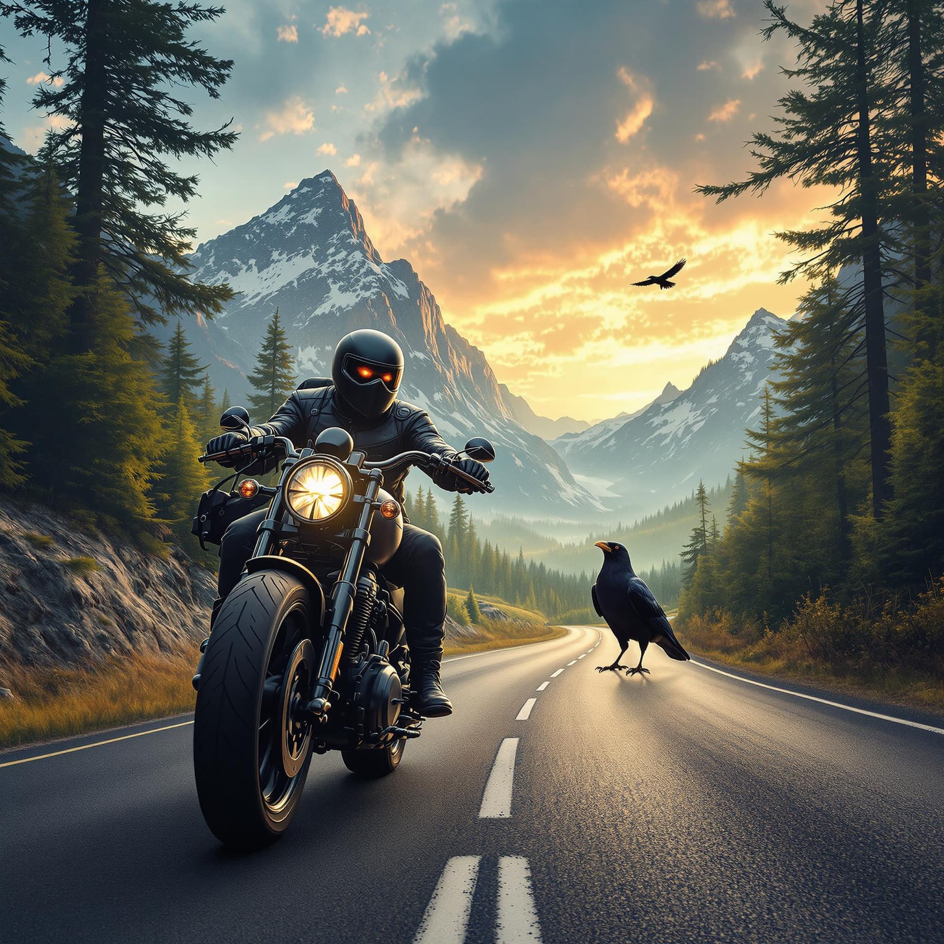 AI generated: photo of hyper realistic road between mountains and forest, with a chopper biker with tens and focus...
