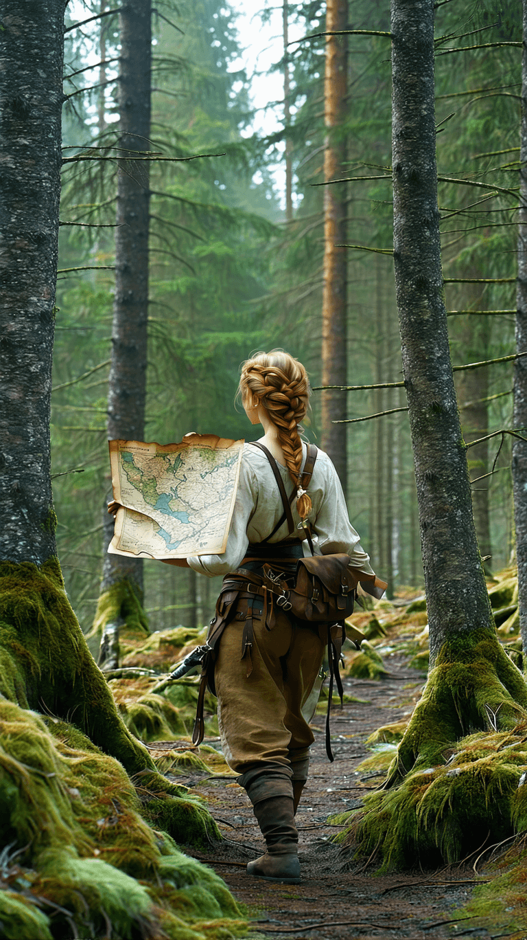 AI generated: A curious wilderness cartographer, with braided hair and a simple, yet practical outfit crafted from...