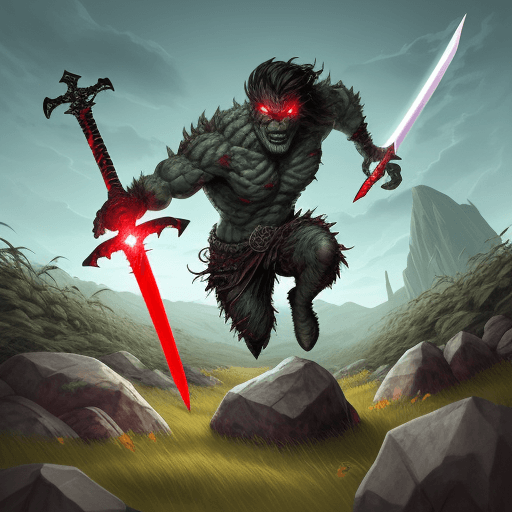 AI generated: living rock monster. 
red eye and rock like lags, sword in right hand, sheld in left hand. runing in...