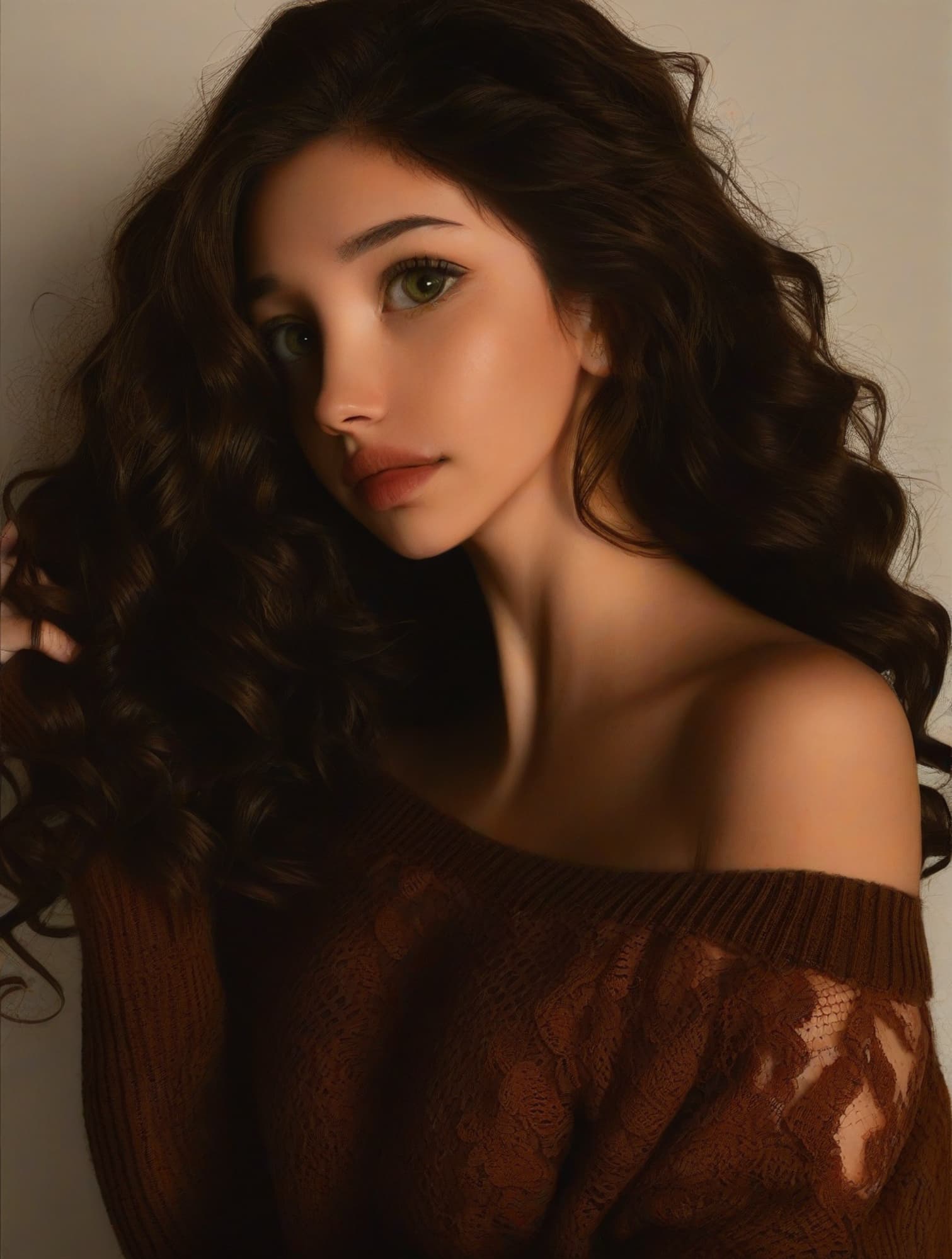 AI generated: Woman with wavy dark brown hair, wearing an off-shoulder oversized brown lace sweater. She looks sof...
