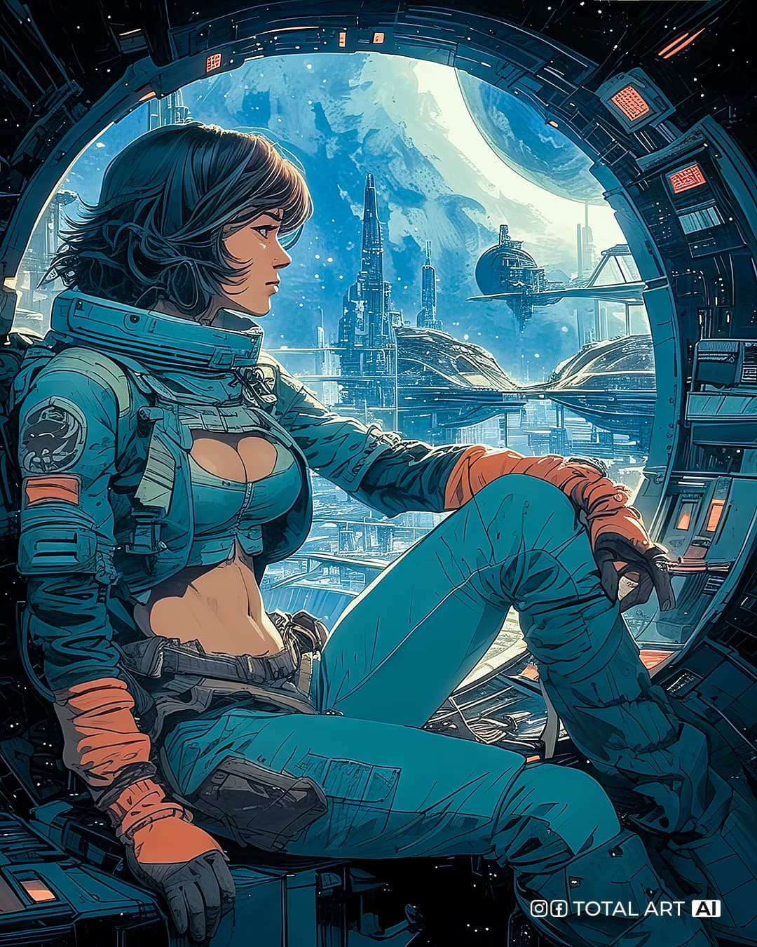 AI generated: Space Trucker, full body shot, side view, hand drawn young beautiful European woman sitting near a l...