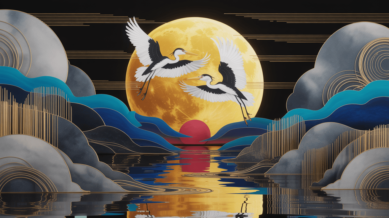 AI generated: Beautiful herons on the night of a full moon flying towards a large golden moon, 3D, 4K, fascinating...
