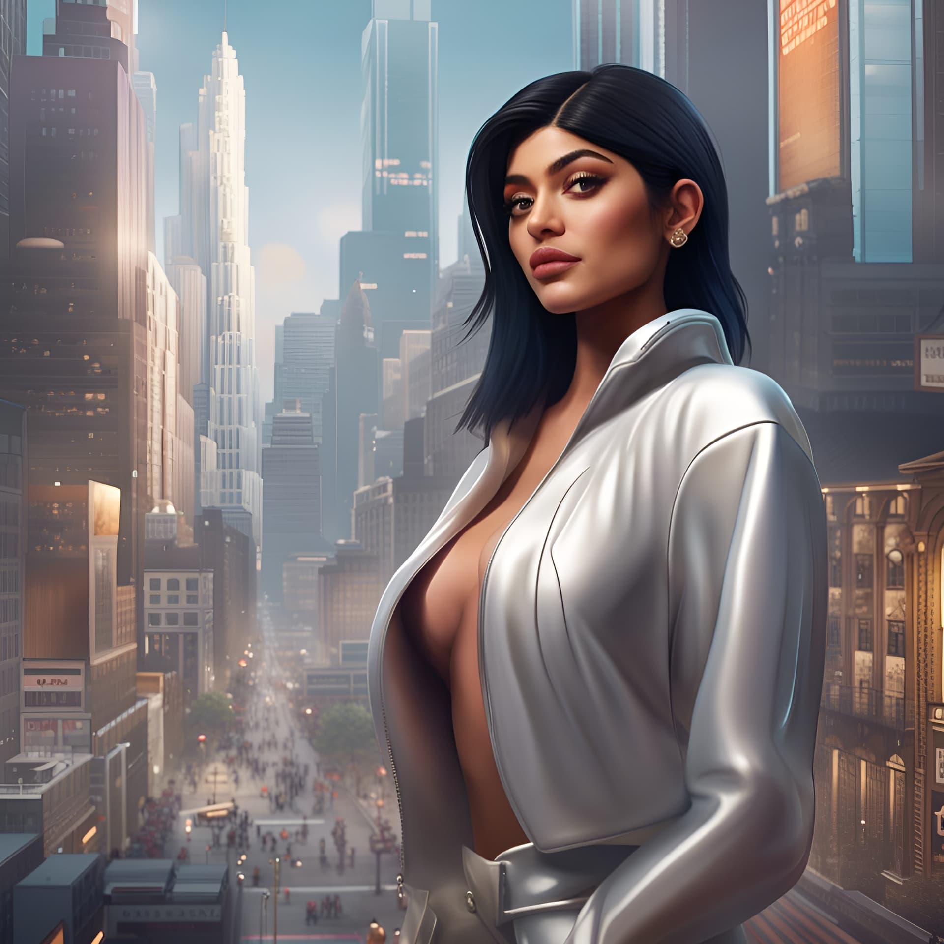 AI generated: clear portrait of kylie jenner, background city hyper detailed, character concept, full body, dynami...