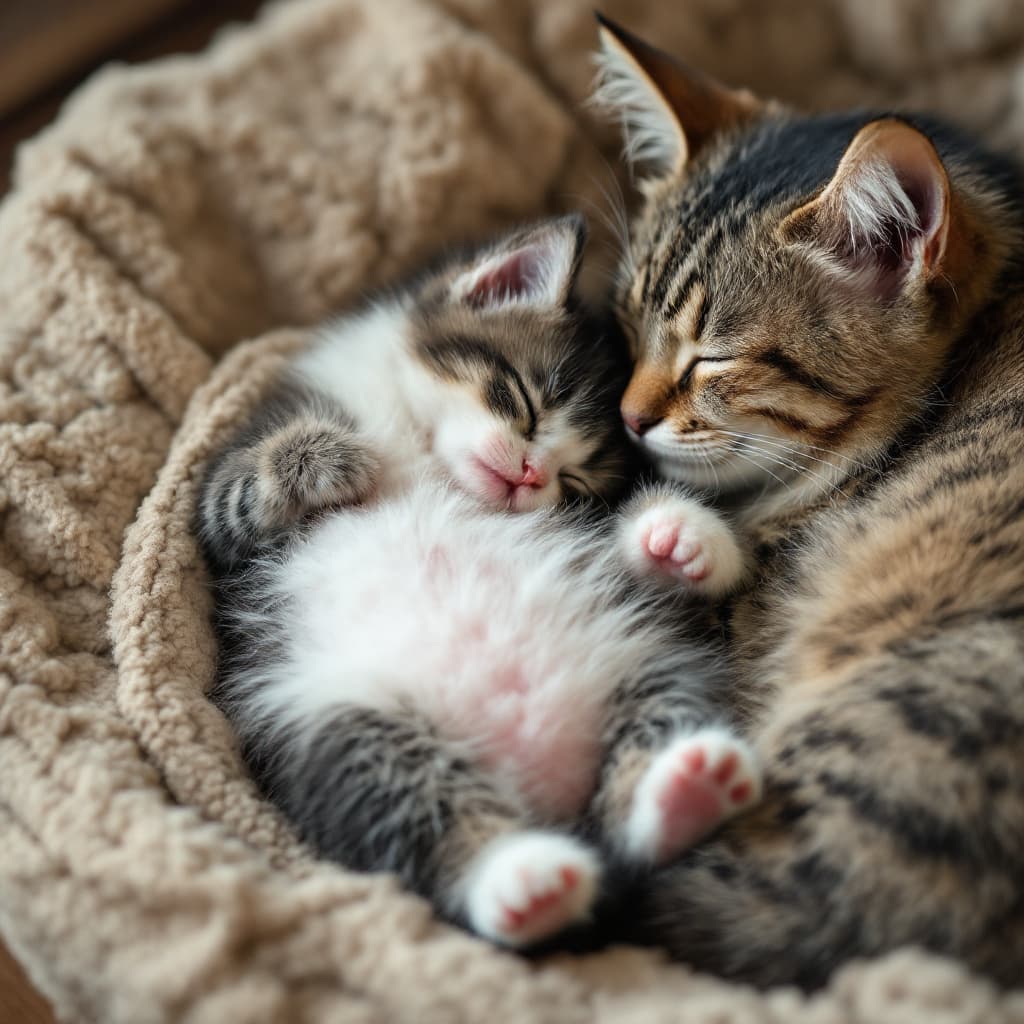 AI generated: a picture of a fluffy kitten on it's back laying against it's mother , with a big belly and asleep ,...