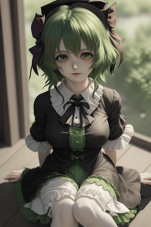 AI generated: masterpiece, best quality, touhou, soga no tojiko, green hair, Helltaker, <lora:tojiko_v0.1:0.5>, <l...