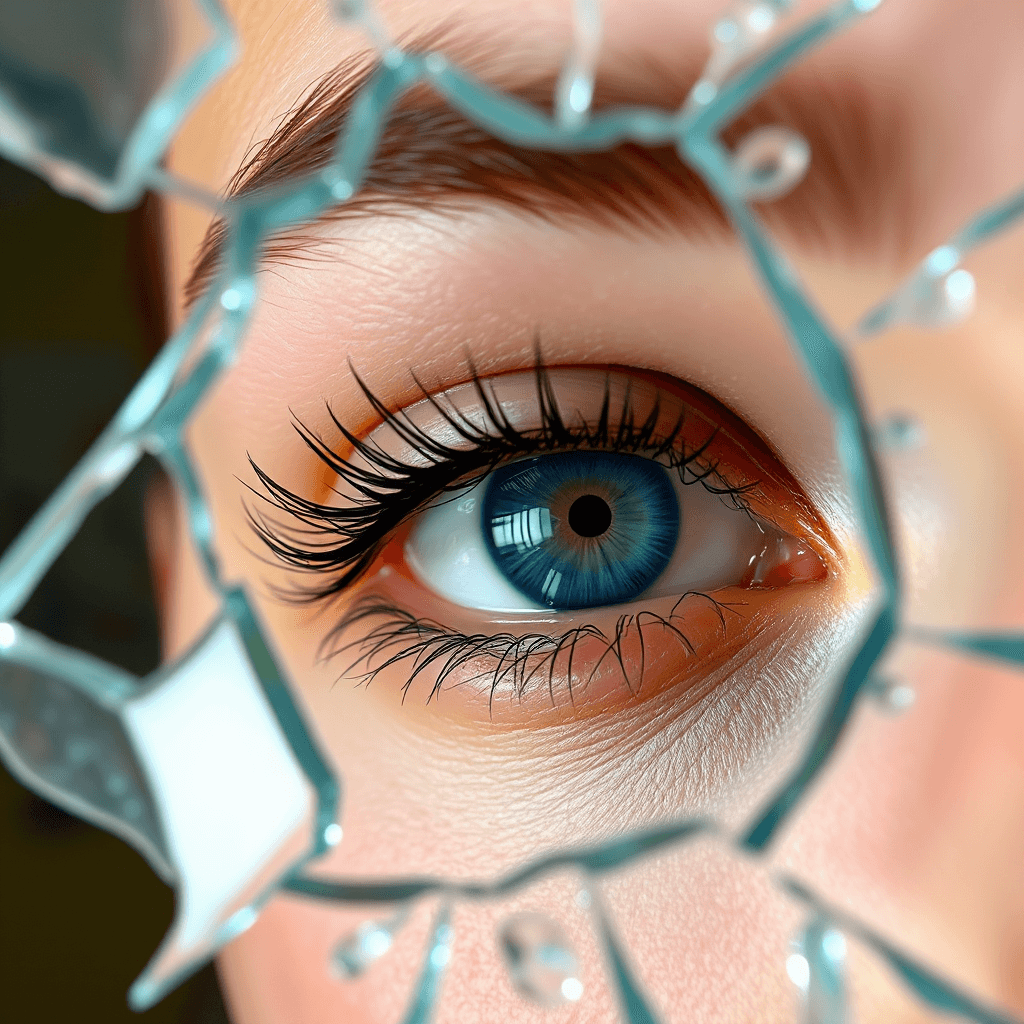 AI generated: This image is a high-resolution photograph capturing a close-up of a person's eye framed by a shatte...