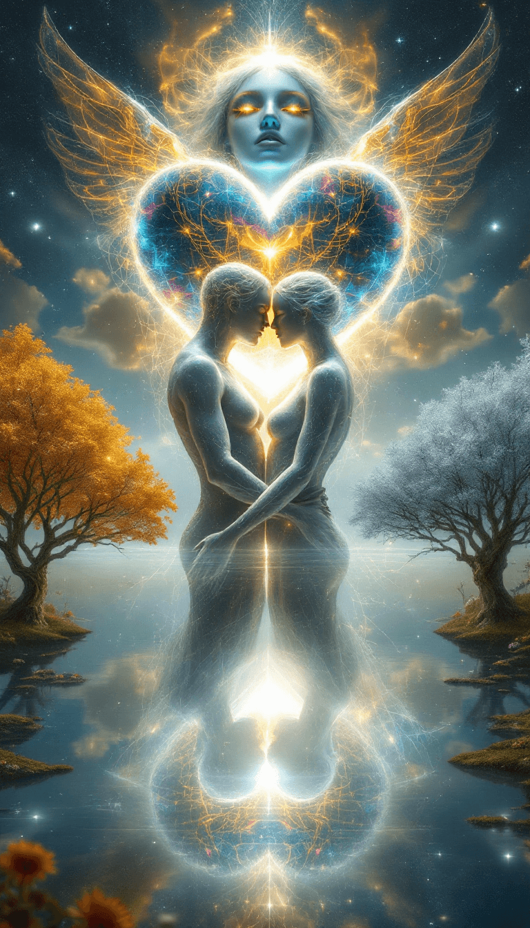 AI generated: Two ethereal figures entwined in a celestial embrace float above a mirrored cosmic lake, their bodie...