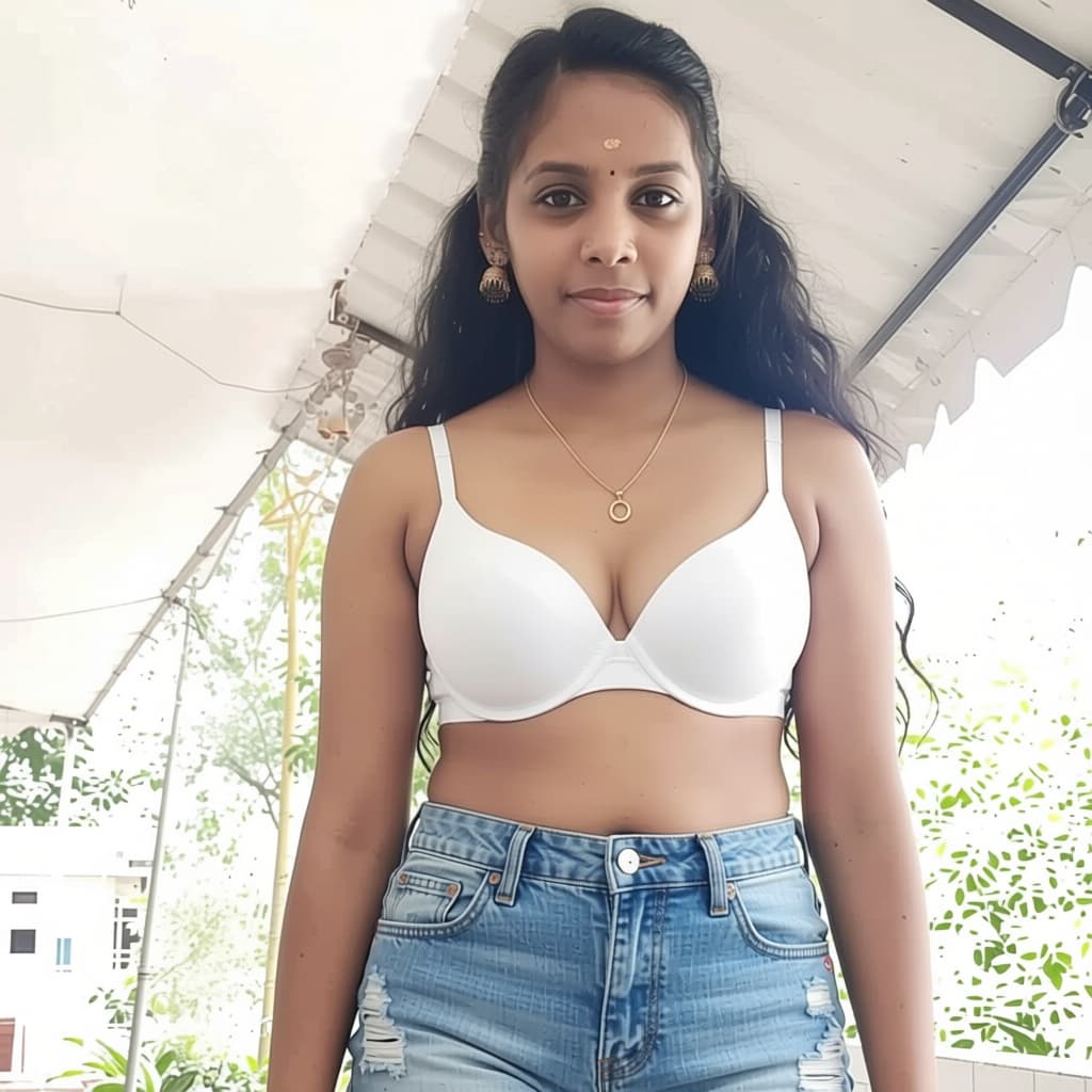 AI generated: wearing everyday use normal Indian type white bra and denim boy shorts. same pose, same place. make ...