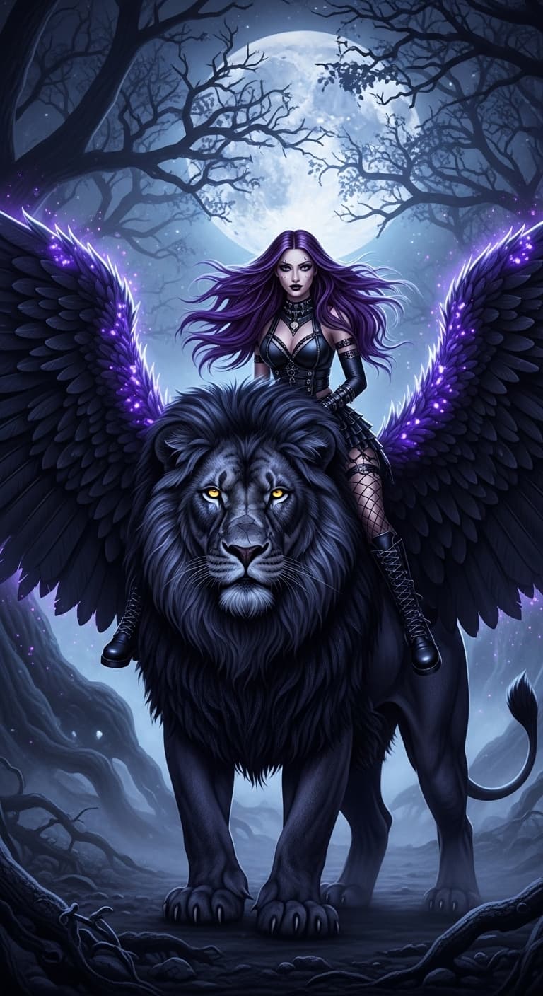 AI generated: A full body shot of a strong, fierce black lion, its fur with a slight blue tinge, and large outstre...