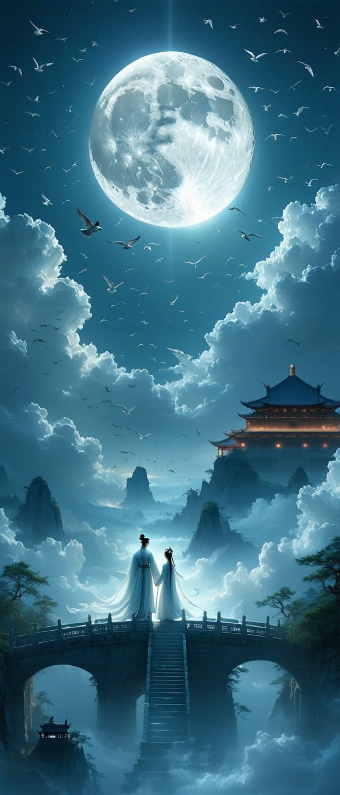AI generated: At night, the round moon hangs in the sky. In Chinese mythology, the Cowherd and Weaver Girl, a boy ...