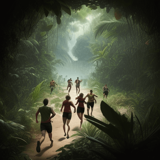 AI generated: 3 men and 5 women run in the deep jungle chased by an invisible dinosaur, landscape, photo reportage...