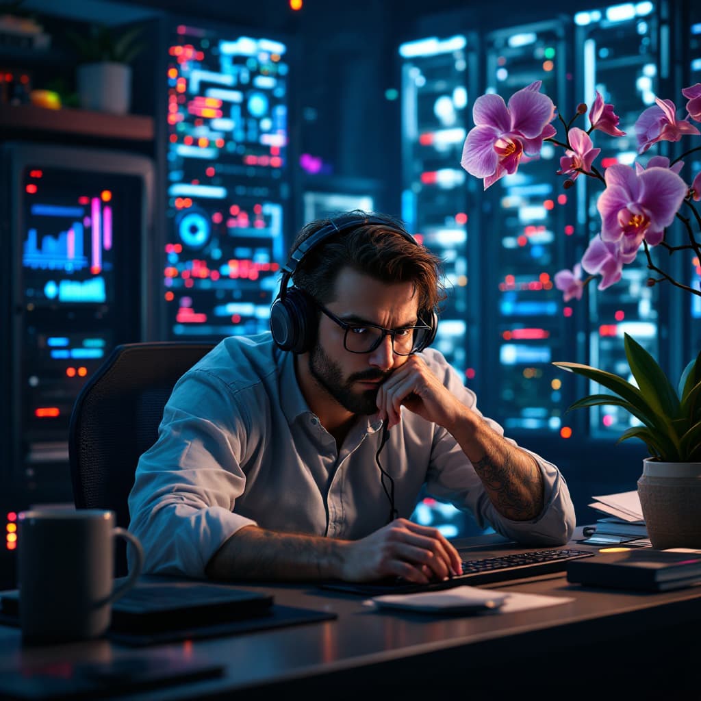 AI generated: Systems admin working seriously on a workstation with several servers  on the background and a coffe...