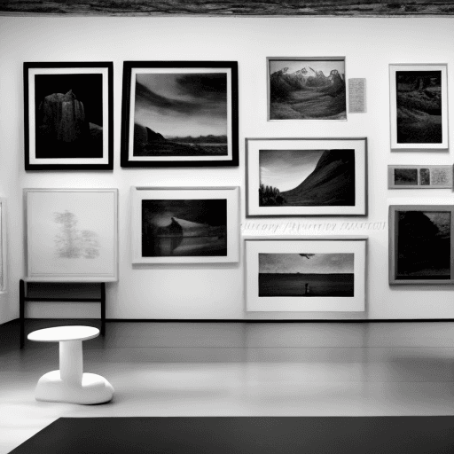 AI generated: black and white photo, style of ansel adams, gallery in art musuem, pictures on the wall in the styl...