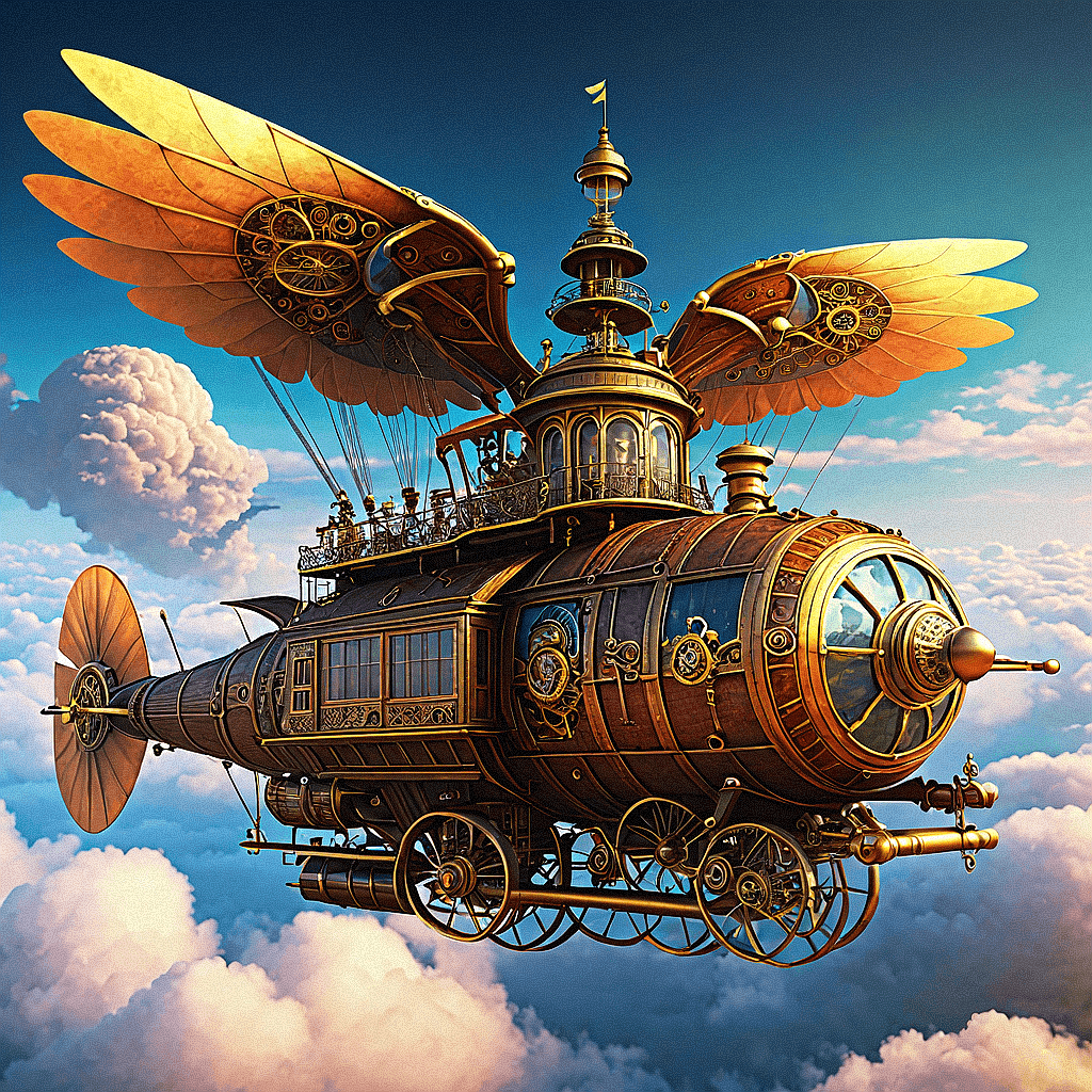 AI generated: “A digital illustration of a steampunk flying machine in the sky with cogs and mechanisms, 12k, extr...