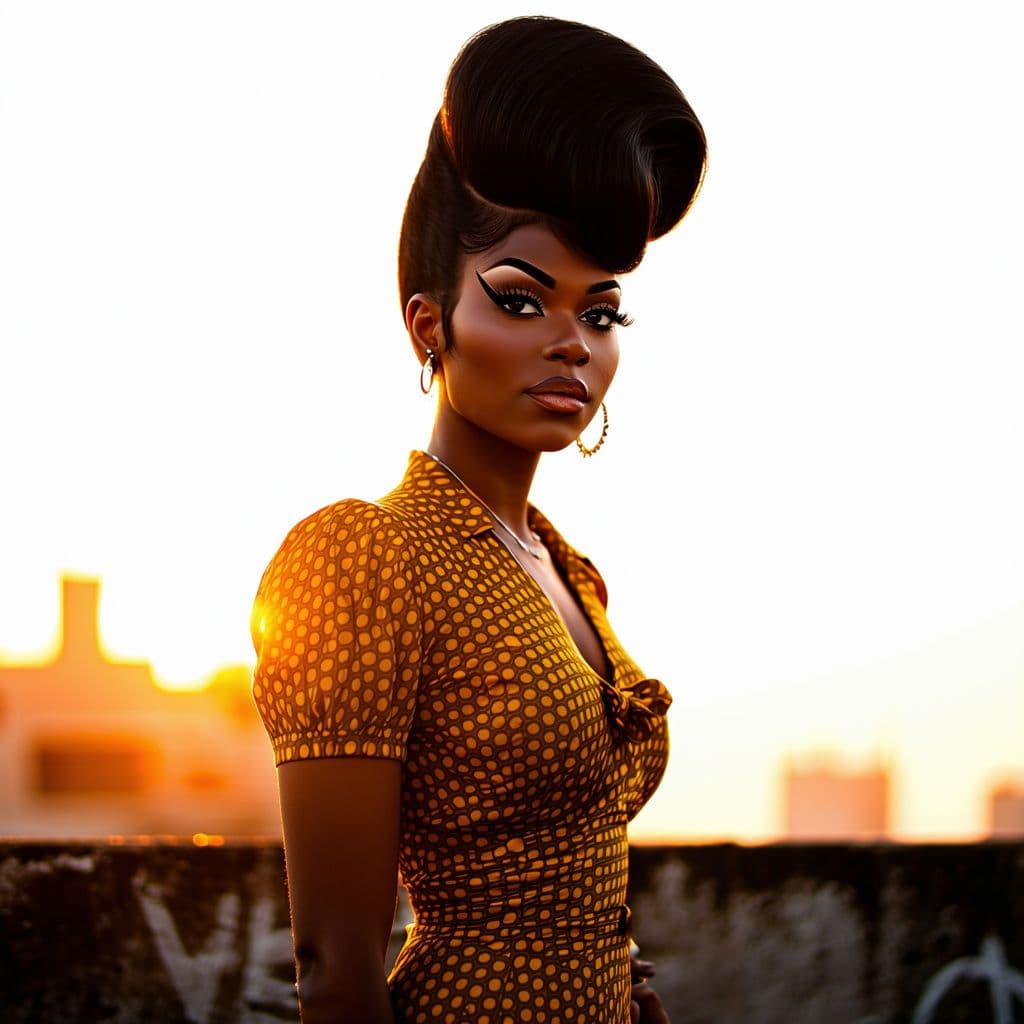 AI generated: a soulful Black woman resembling Amy Winehouse with iconic beehive hairstyle and winged eyeliner, st...