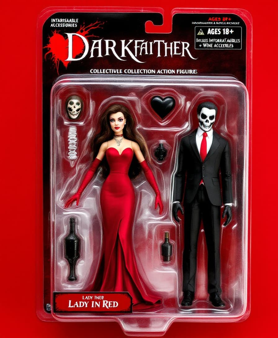 AI generated: A stylized collectible action figure in a toy package labeled "Darkfaither" for ages 18+, featuring ...