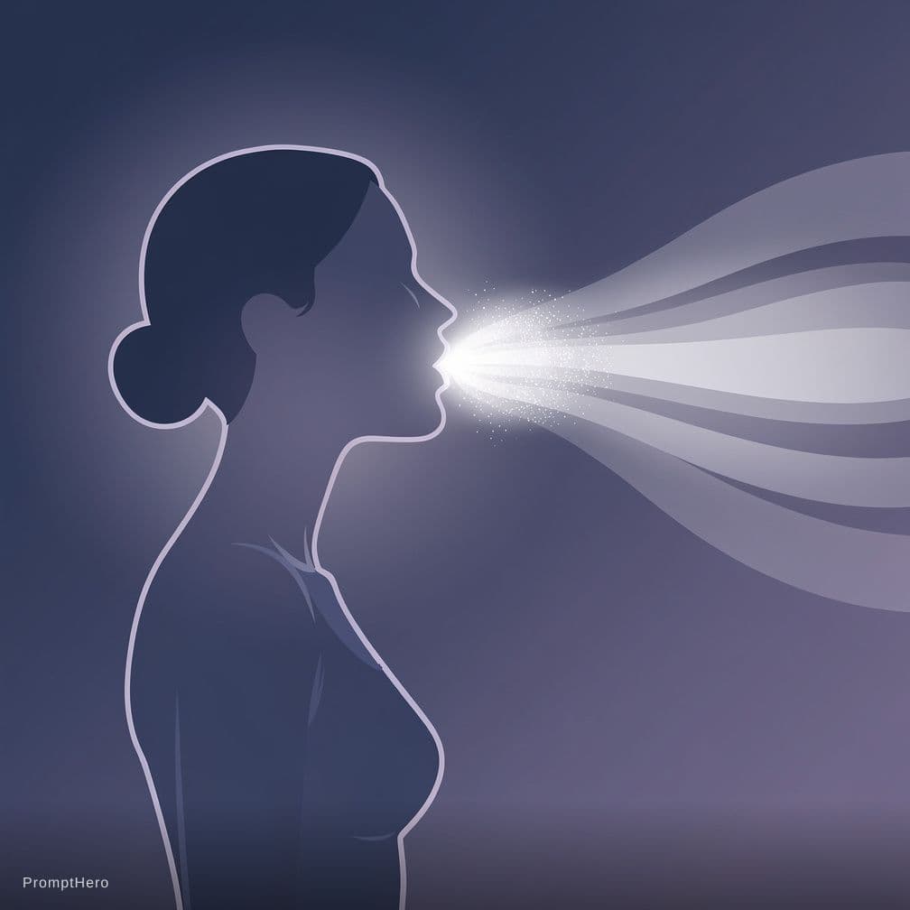 AI generated: Silhouette of a woman from the side::1.3, posed in stillness, exhaling mist that seems both flat and...
