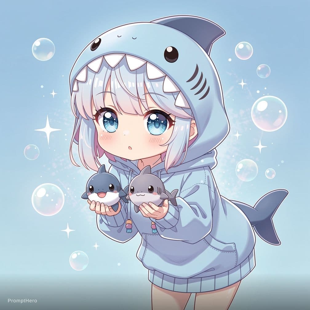 AI generated: cute chibi shark girl, kawaii anime style, wearing oversized pastel blue shark hoodie with small fin...