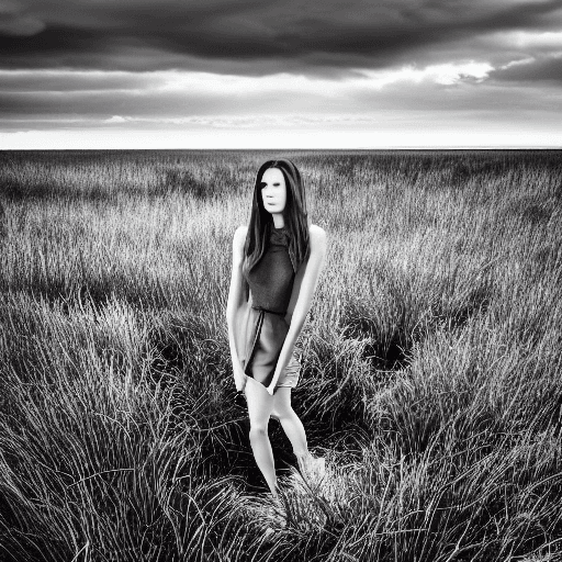 AI generated: a young woman standing in the grass, in the style of stark black-and-white photography, hasselblad 1...