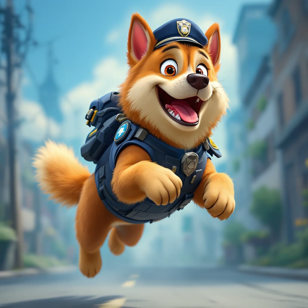 AI generated: a police dog in action jumping in studio ghibli style cartoon