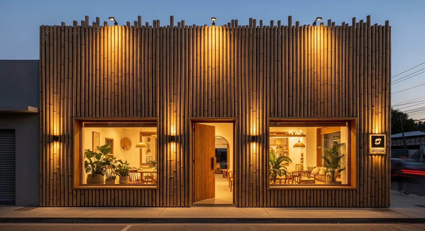 AI generated: Guadua facade, warm lighting, and a natural atmosphere. I want to see a very welcoming, yet simple, ...
