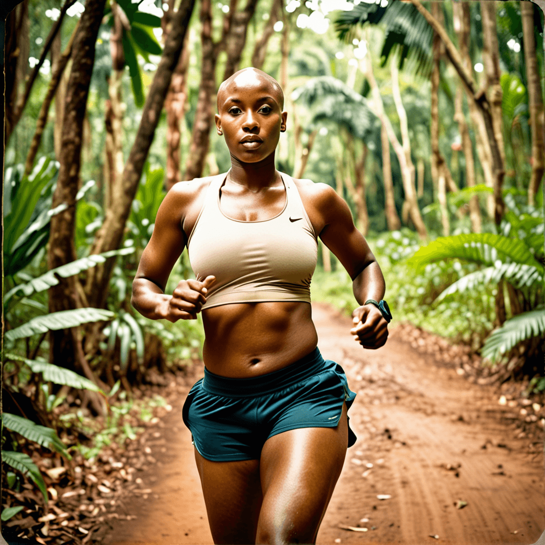 AI generated: a young 25 year chocolate-skinned African woman, with bald head, wearing gym gear, running in Amazon...