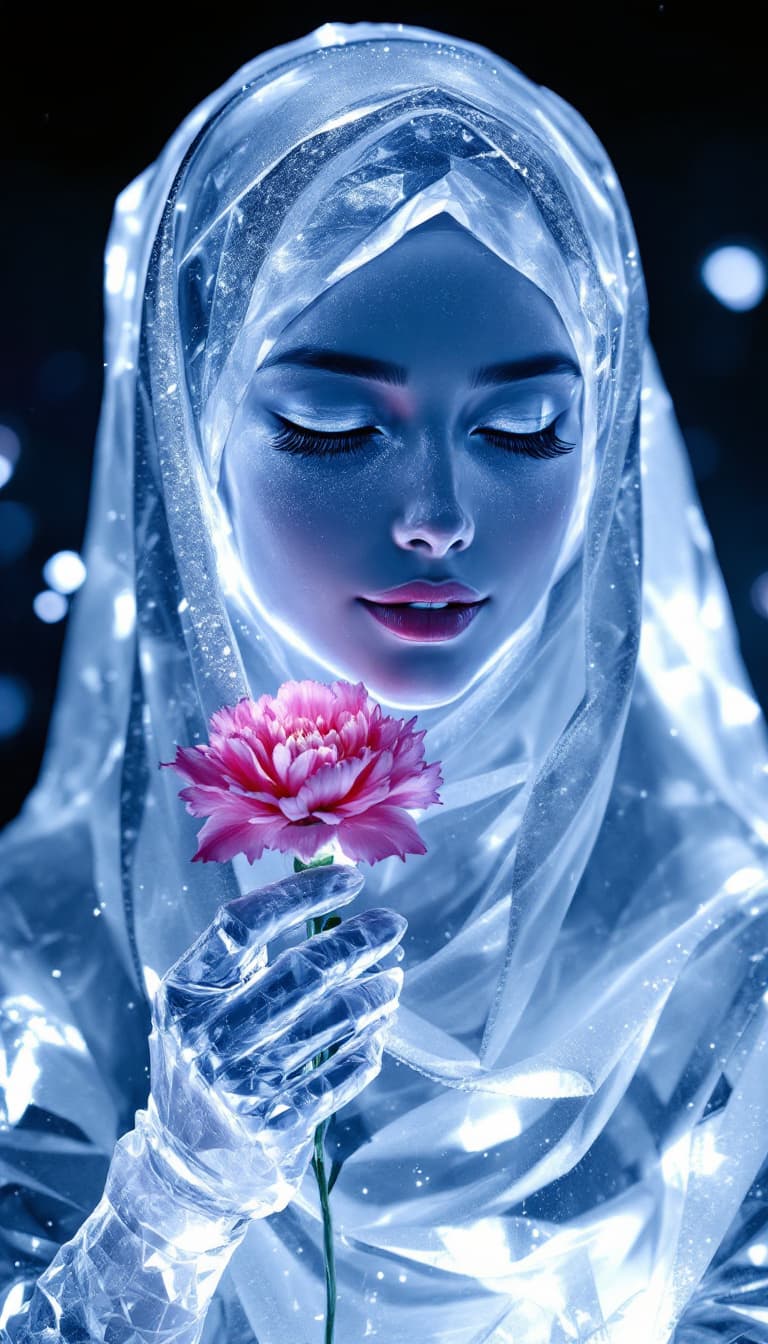 AI generated: Ultra-realistic and ultra-detailed ice sculpture of a young, beautiful Turkish woman wearing a hijab...