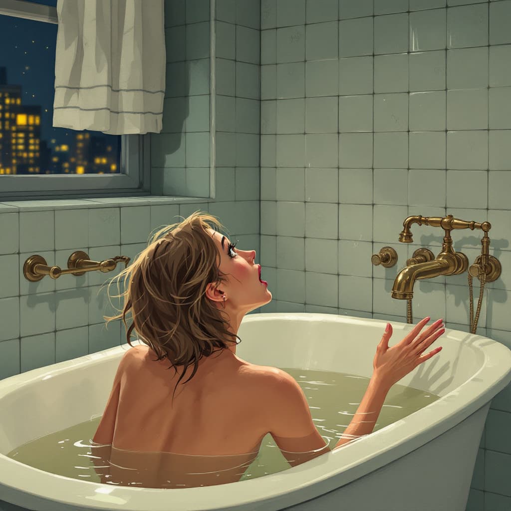 AI generated: A detailed digital illustration in the style of Dimitry Roulland, featuring a woman in a bathtub, fa...