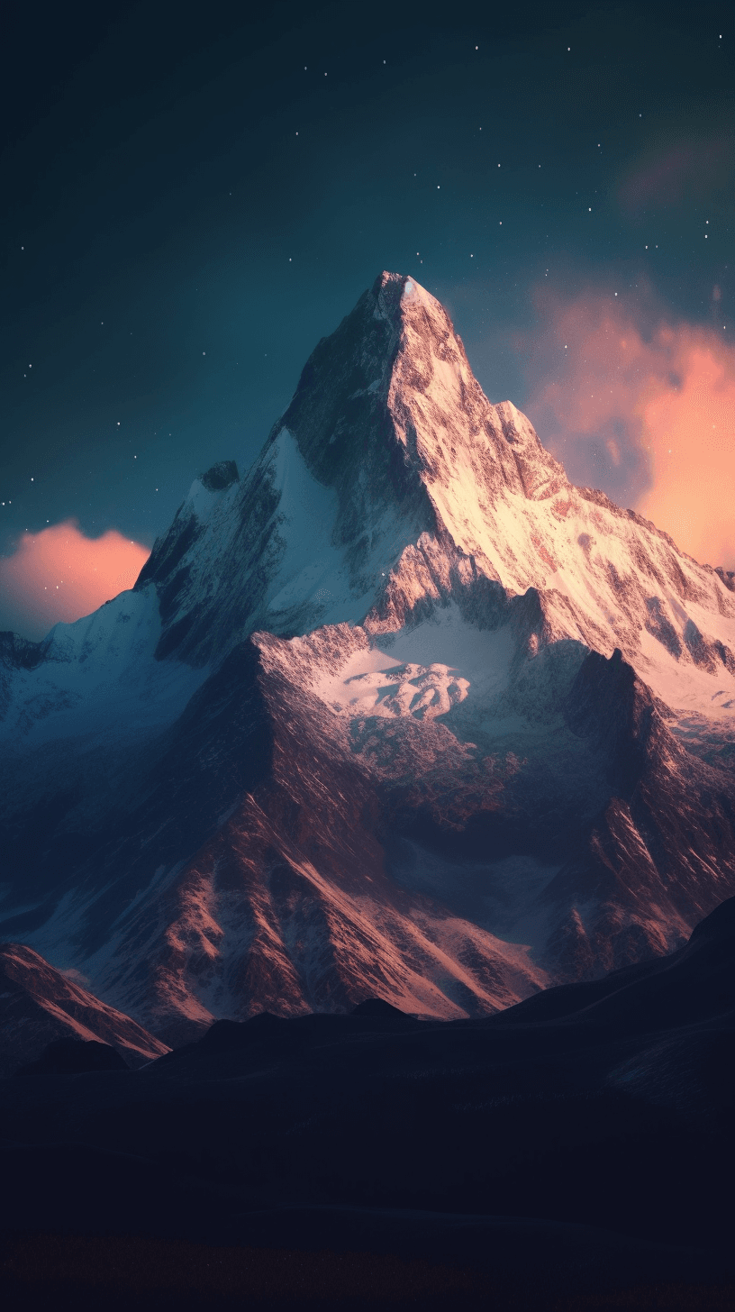 AI generated: A majestic mountain range, with snow-capped peaks illuminated by soft lights, in the style of Ray tr...