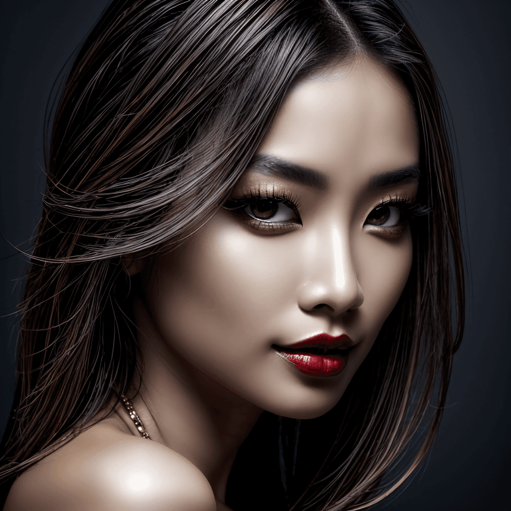 AI generated: Beautiful Asian woman, porcelain skin, flawless and radiant, ethereal beauty, monolid eyes dark and ...