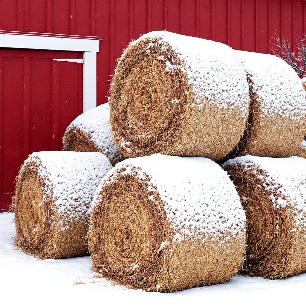 AI generated: •  3D hay bales wrapped in snow, stacked beside a red barn.