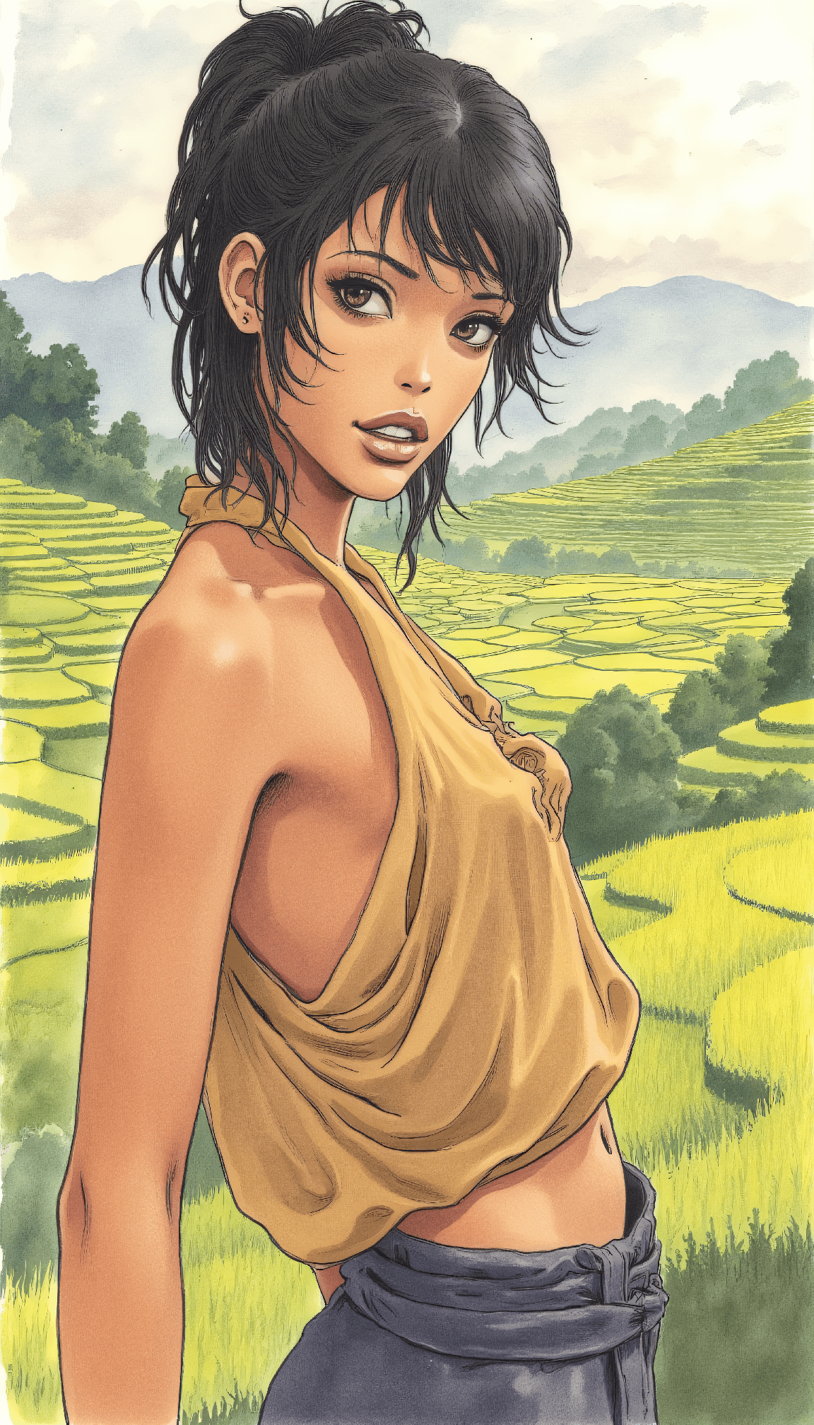 AI generated: This is a watercolor painting depicting a of a 24-year-old Samurai-era Japanese female modern, edgy ...