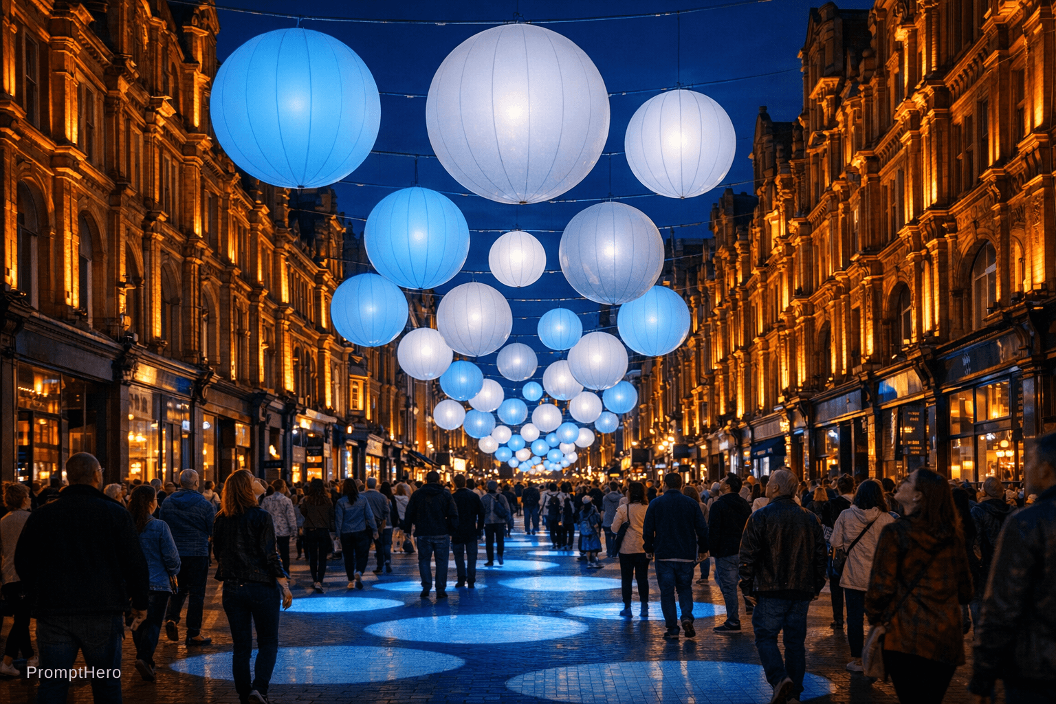 AI generated: A straight-on mid-distance street photograph looking along the full length of Briggate pedestrian hi...