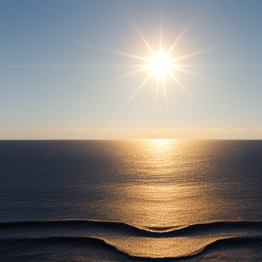 AI generated: panorama, flat sea, illuminated by the sun,
