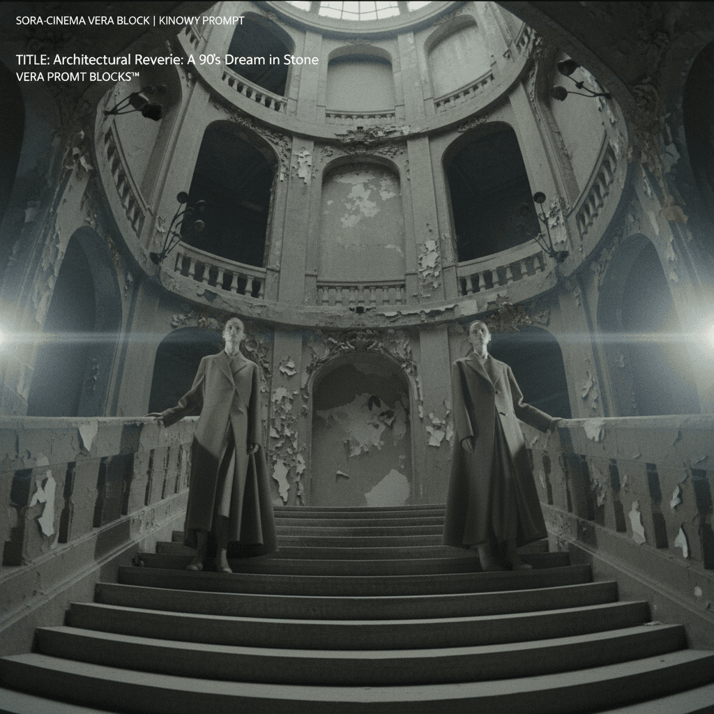 AI generated:  SORA-CINEMA VERA BLOCK | KINOWY PROMPT

TITLE: Architectural Reverie: A 90s Dream in Stone

MAI...