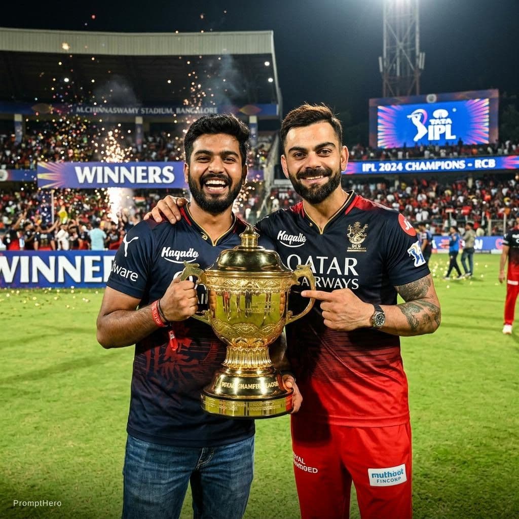 AI generated: Combine these two photos and make me to stand beside virat kohli with the ipl cup. Make virat giving...