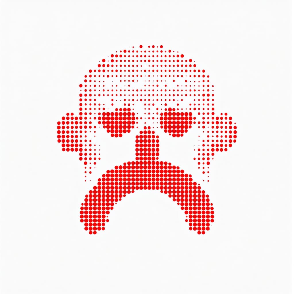 AI generated: a simple red dotted dots forming the shape of a sad man face, flat design, vector illustration, on w...