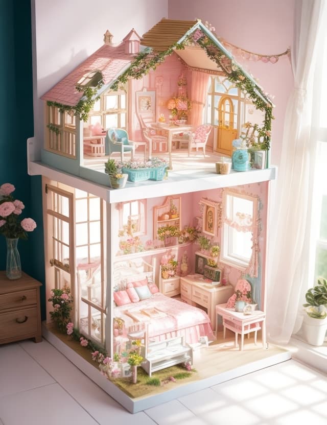 AI generated: A captivatingly exquisite dollhouse , design by kawaii vibe , mood blissful.