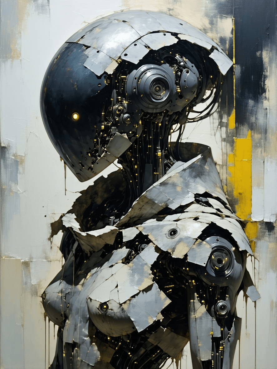 AI generated: Mixed media artwork. (Emotional:1.5) cyborg creature. Futuristic ragged clothing. (Skin lesions as a...