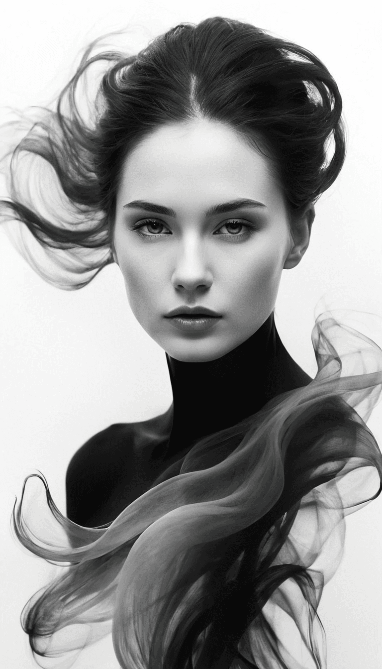 AI generated: black and white photography, fashion editorial, a silhouette of woman with abstract hair in black an...