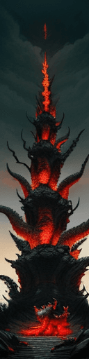 AI generated: The image features a large, fierce dragon with a prominent set of horns, standing on a rocky surface...