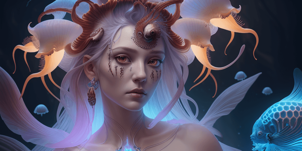 AI generated: Goddess close-up portrait ribcagel. jellyfish phoenix head, nautilus, orchid, skull, betta fish, bio...