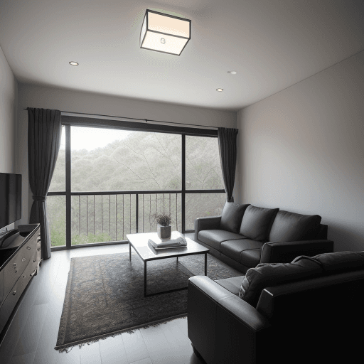 AI generated: Living hall at top view , Having 4 person sitting size sofa with table , Tv stand , with minimum fur...
