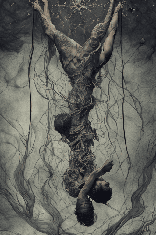 AI generated: olpntng style, a tarot card, Le Pendu, a man hanged up side down, intricated hair, intricated skin, ...
