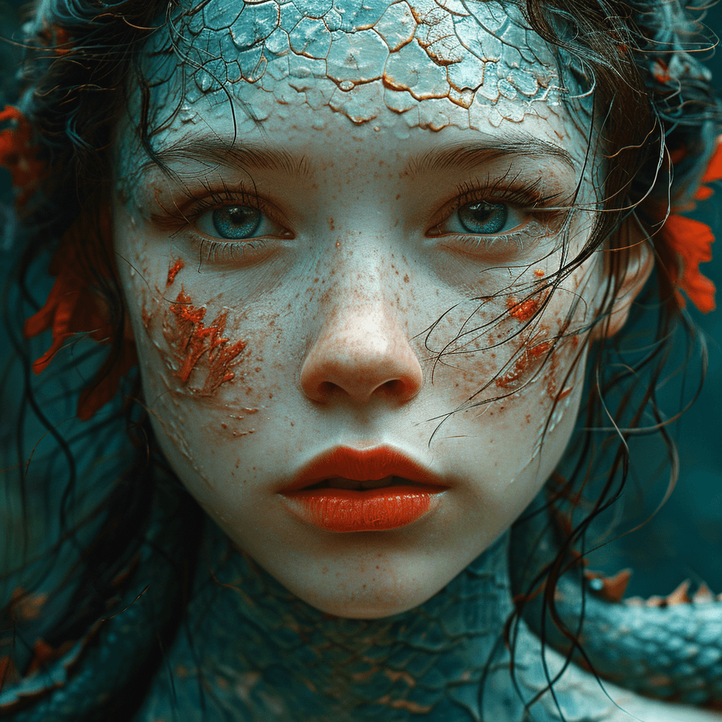AI generated: mermaid art, in the style of balanced symmetry, sea green and red, detailed facial features, mantico...
